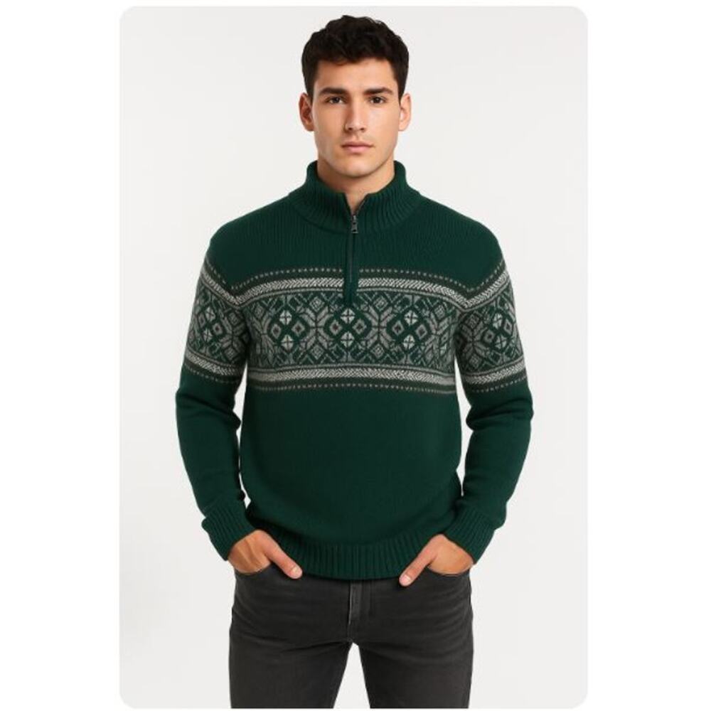 LL Bean Vintage Dark Green and White Fair Isle 1/4 Zip Cotton Knit Sweater Sz L